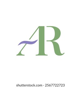 elegant letters "A" and "R" intertwined with a wave element, conveying a sense of flow, movement, and fluidity. The combination of green and purple colors creates a calm and refreshing aesthetic.