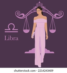 Elegant libra zodiac woman in pink jumpsuit. Libra zodiac sign and symbol. And pink scales background.