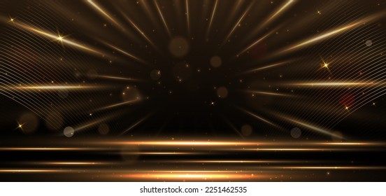 Elegant light circle golden scene diagonal glowing with lighting effect sparkle on black background. Template premium award design. Vector illustration