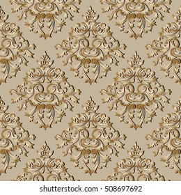 Elegant light damask baroque seamless pattern.Floral ornament with vintage decorative antique beige 3d flowers and leaves.Vector flourish background wallpaper illustration.Endless texture.
