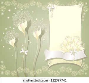 Elegant light floral background with frame flowers bows ribbon pearls and lace