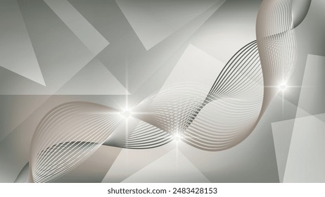 Elegant light gray abstract wallpaper. Flashes of light, intertwining wavy lines against a background of overlapping abstract shapes and mixing of colors. Vector.
