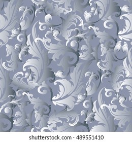 Elegant light grey baroque damask vintage vector seamless pattern background  illustration. With antique floral medieval baroque grey and white 3d flowers and ornaments.Baroque background.Baroque 