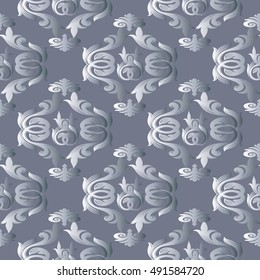 Elegant light grey baroque damask vintage vector seamless pattern background illustration.with 3d  antique floral medieval baroque silver 3d flowers and ornaments.