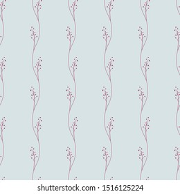 Elegant light grey endless texture with small thin dark pink branches for fabric and decoration. Vertical striped editable vector background.
