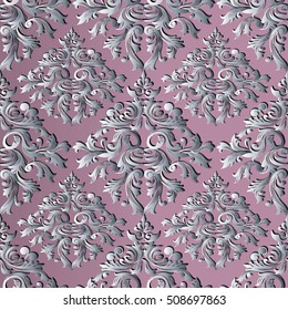 Elegant light pink damask baroque seamless pattern.Floral ornament with vintage decorative antique white 3d flowers and leaves.Vector flourish background wallpaper illustration.Endless texture.