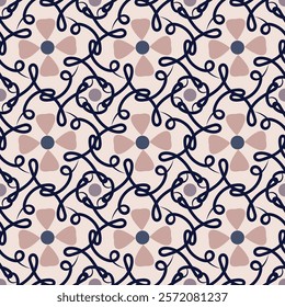 Elegant light seamless pattern with swirls. Overlapping art forms, stripes, polygons, segments are grouped and arranged in a certain order. Vector. 