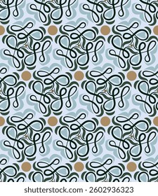 Elegant light seamless pattern with swirls. Overlapping art forms, stripes, polygons, segments are grouped and arranged in a certain order. Vector. 