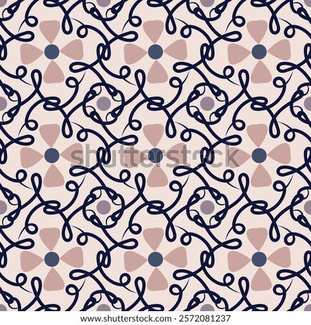 Elegant light seamless pattern with swirls. Overlapping art forms, stripes, polygons, segments are grouped and arranged in a certain order. Vector. 