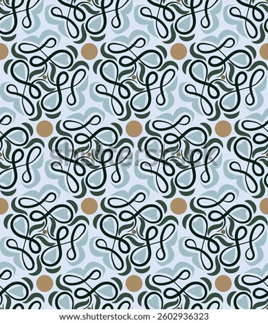 Elegant light seamless pattern with swirls. Overlapping art forms, stripes, polygons, segments are grouped and arranged in a certain order. Vector. 