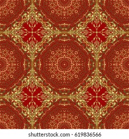 Elegant light and shine vector template on red background. Metallic elements for frame, ribbon, banner, mandalas. Vector golden gradient seamless texture. Realistic abstract golden seamless pattern.