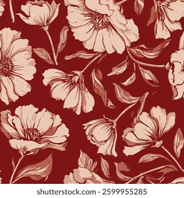 Elegant light-colored flowers and leaves dance in harmony against a red background