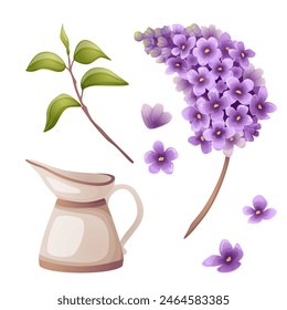 Elegant lilac branch with retro vase, separate purple flowers and green leaves vector illustration set in violet colors for vintage and spring prints. Detailed realistic and cartoon floral elements