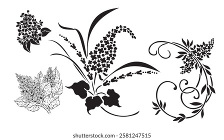 Elegant Lilac Silhouettes, A Collection of Floral Designs for Artistic Applications such as Stencils Prints or Decor featuring detailed outlines and variations