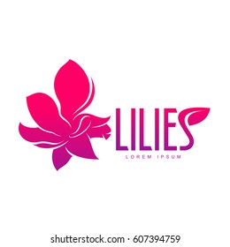 Elegant lilies line logo template. Graphic flower logotype with the text below, nature, environment, concept of growth and development. Vector illustration isolated on color background.