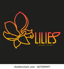 Elegant lilies line logo template. Graphic flower logotype with the text below, nature, environment, concept of growth and development. Vector illustration isolated on color background.