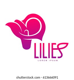 Elegant lilies line logo template. Graphic flower logotype with the text below, nature, environment, concept of growth and development. Vector illustration isolated on color background.