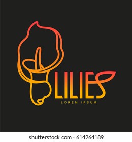 Elegant lilies line logo template. Graphic flower logotype with the text below, nature, environment, concept of growth and development. Vector illustration isolated on color background.