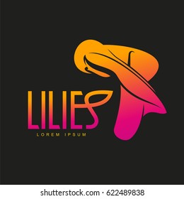 Elegant lilies line logo template. Graphic flower logotype with the text below, nature, environment, concept of growth and development. Vector illustration isolated on color background.