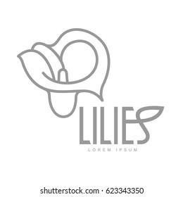 Elegant lilies line logo template. Graphic flower logotype with the text below, nature, environment, concept of growth and development. Vector illustration isolated on color background.