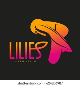 Elegant lilies line logo template. Graphic flower logotype with the text below, nature, environment, concept of growth and development. Vector illustration isolated on color background.