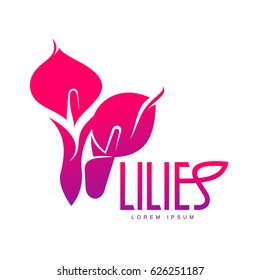 Elegant lilies line logo template. Graphic flower logotype with the text below, nature, environment, concept of growth and development. Vector illustration isolated on color background.