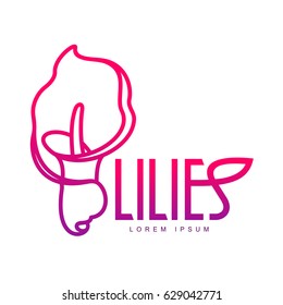 Elegant lilies line logo template. Graphic flower logotype with the text below, nature, environment, concept of growth and development. Vector illustration isolated on color background.