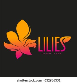 Elegant lilies line logo template. Graphic flower logotype with the text below, nature, environment, concept of growth and development. Vector illustration isolated on color background.