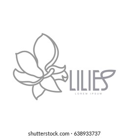 Elegant lilies line logo template. Graphic flower logotype with the text below, nature, environment, concept of growth and development. Vector illustration isolated on color background.