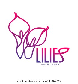 Elegant lilies line logo template. Graphic flower logotype with the text below, nature, environment, concept of growth and development. Vector illustration isolated on color background.