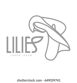 Elegant lilies line logo template. Graphic flower logotype with the text below, nature, environment, concept of growth and development. Vector illustration isolated on color background.