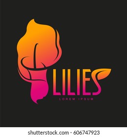 Elegant lilies logo template. Graphic flower logotype with the text below, nature, environment, concept of growth and development. Vector illustration isolated on colorbackground.