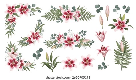 Bouquets de flores de lírio elegantes e arranjos com vegetação e penas para design