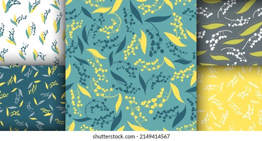 Elegant Lily of the Valley. Bunch of Convallaria Majalis. Spring Blossom Fabric. Lily of the Valley. Vintage Leaves Illustration. Flower Textile Print. Lily of the Valley Seamless Texture.