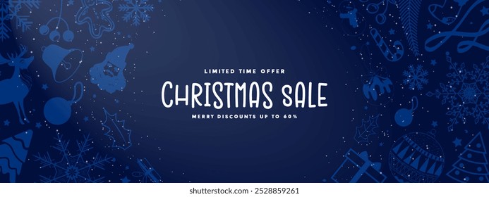 Elegant Limited Time Offer Christmas Sale Banner. Merry discounts up to 60% text tag, cute christmas decoration elements as a border on a blue gradient background. Vector Illustration