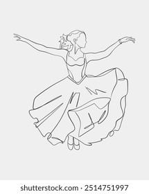 Elegante Linienkunst einer Ballerina im mittleren Tanz, die ihre Arme anmutig ausstreckt und sich mit fließender Bewegung dreht.