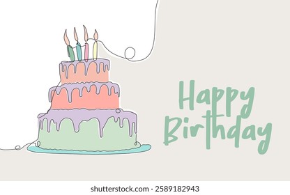 Elegant Line Art Birthday Cake with Candles and Happy Birthday Greeting