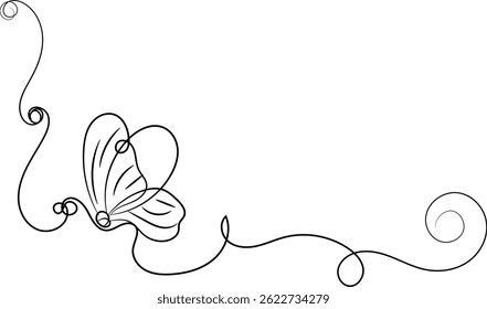 Elegant line art butterfly corner design element.