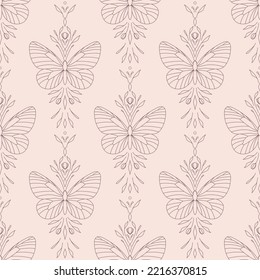 Elegant line art butterfly vector pattern, seamless repeat background.