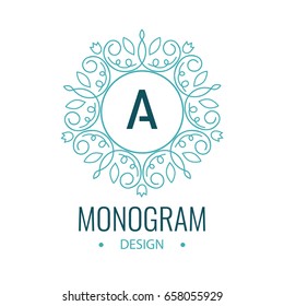 Elegant Line Art circle Logo and Monogram Design. green emblem with the letter A on white background. Simple logo design for restaurant, hotel, heraldic, jewelry.  invitations on Wedding