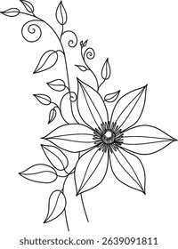 Elegant line art clematis flower, perfect for botanical illustrations, wedding invitations, or coloring pages.  Minimalist black and white design, easily printable and adaptable for various projects.