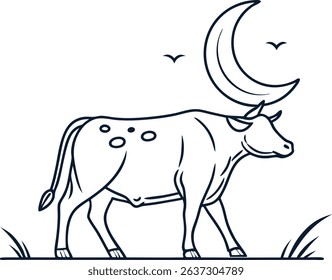 Elegant line art of a cow under a crescent moon. Serene night scene illustration, perfect for various design projects and themes.