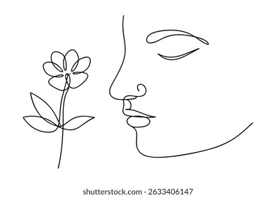 Elegant line art depicting a peaceful profile near a delicate flower blossom