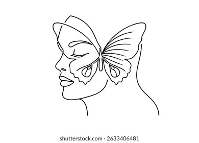 Elegant line art depicting a woman's profile with a butterfly wing design