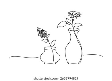 Elegant line art depiction of two flowers in vases against a pristine white backdrop