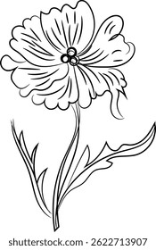 Elegant line art drawing of a single flower with leaves, perfect for invitations, cards, or decorative elements. Simple, black and white design.