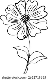 Elegant line art drawing of a single flower with leaves, perfect for minimalist designs, invitations, or floral illustrations. Clean lines and simple style.