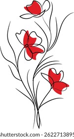 Elegant line art drawing of three red flowers on a white background. Simple, minimalist floral illustration, perfect for design projects.