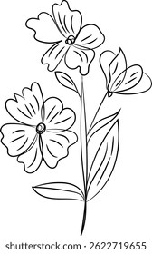 Elegant line art drawing of three stylized flowers with leaves, perfect for invitations, cards, or any floral design project needing a minimalist touch.