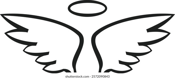 Elegant line art featuring angel wings and a halo, embodying spirituality and purity, perfect for designs related to faith and angelic themes